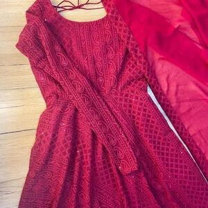 Elegant Red Women's Anarkali suit with traditional chikankari work
